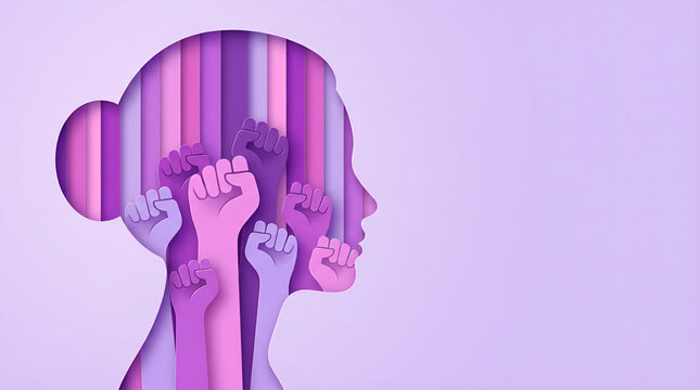 Women's Day poster with woman silhouette and fists inside in paper cut and copy space, 3D illustration. Girl face poster for feminism, independence, freedom, empowerment, activism for women rights