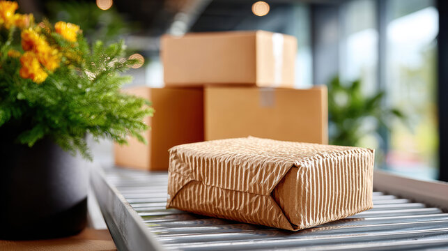 Corrugated kraft parcel on conveyor belt for ecommerce packaging and shipping operations background and warehouse handling