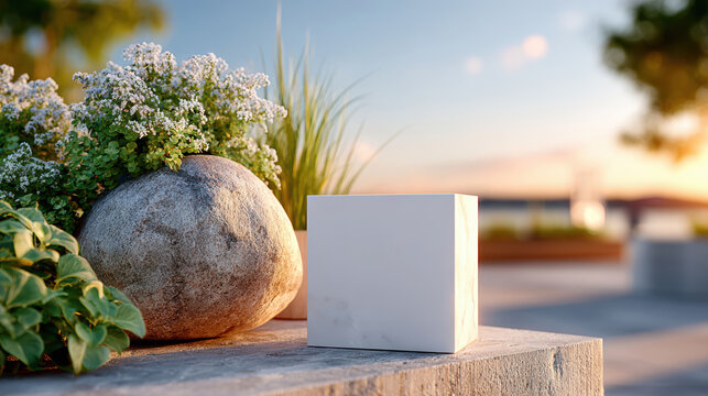 Minimal marble cube pedestal mockup set on an outdoor stone plinth with decorative rock and flowering plants at sunset for product display, packaging prototype and gallery staging