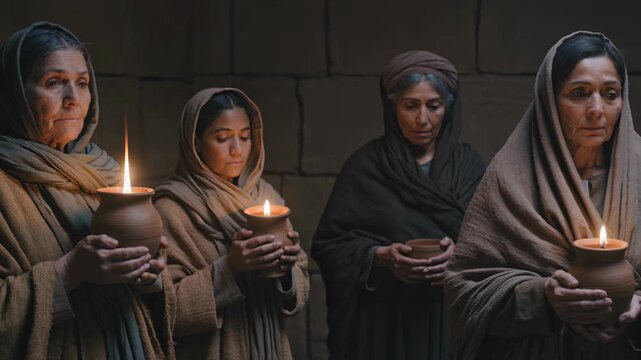 Faithful Women Carrying Burning Oil Lamps in Darkness, Inspired by the Parable of the Ten Virgins in Scripture