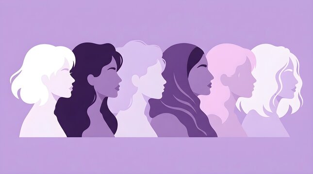 International Women's Day. March 8. Portraits of different women in profile. Horizontal format. Violet colors. Vector illustration, flat design
