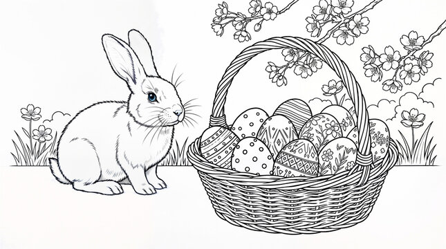 Rabbit sitting beside basket of Easter eggs under blooming branch &mdash; coloring page for Easter in tender spring idyll and family celebration style