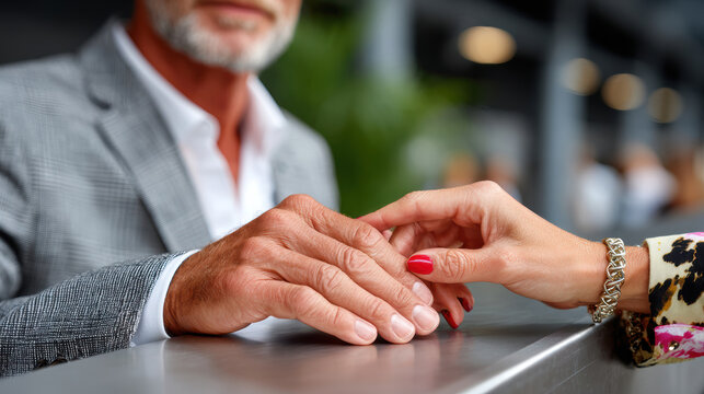 Close up of senior man holding hands with partner at airline check in counter showing support and connection during travel on a morning in an airport terminal