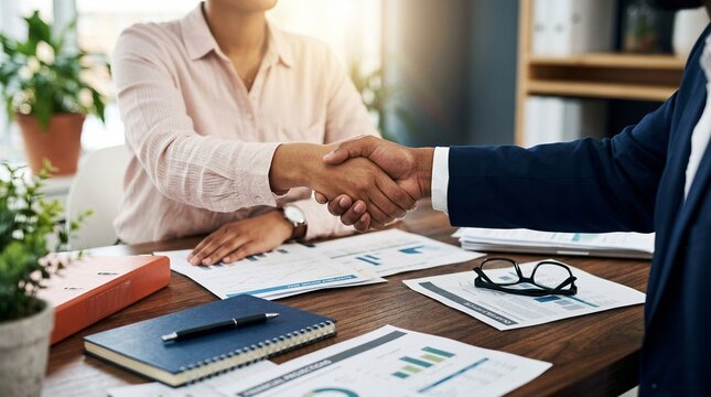 Businessman and businesswoman shaking hands above desk
