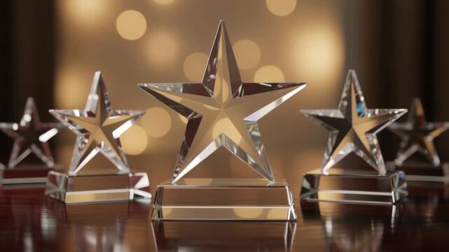 Crystal star trophies shining on wooden table with blurred warm lights background for awards and recognition