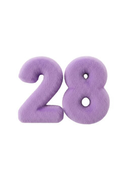 Purple fuzzy number twenty eight made of soft plush texture