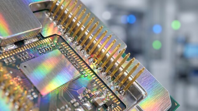 Macro detail of high-end processor pins and rainbow reflective surface with processor semiconductor hardware electronics