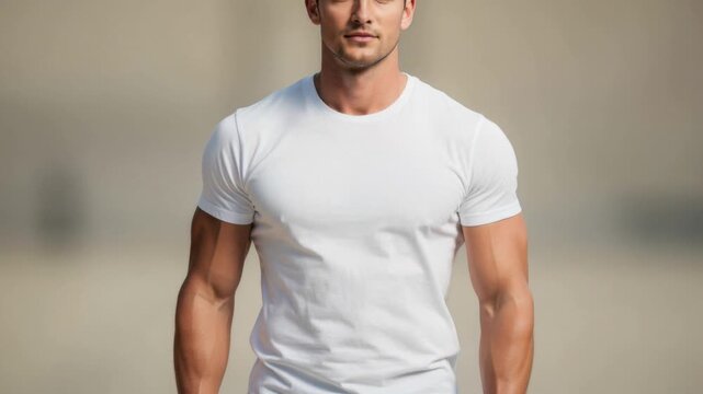 Fit young man wearing a plain white t-shirt with muscular arms and casual style on neutral background