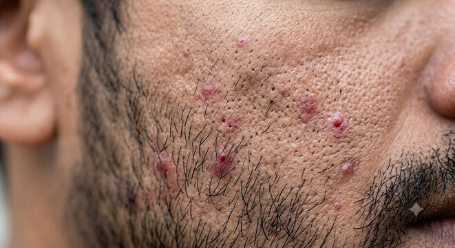 Close up of acne on a man's cheek with facial hair