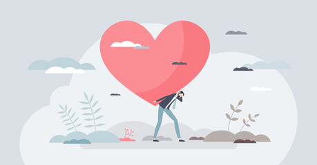 Obraz na płótnie Canvas Compassion fatigue overwhelm shows a weary caregiver bending under a giant heart, symbolizing emotional burden and burnout amid soft clouds and plants. Tiny style