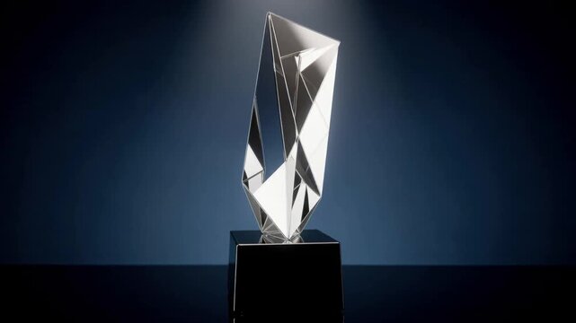 Elegant crystal trophy on black base with dark blue background for award recognition and achievement celebration
