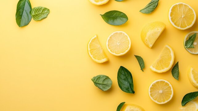 Slices of lemons and green leaves on yellow