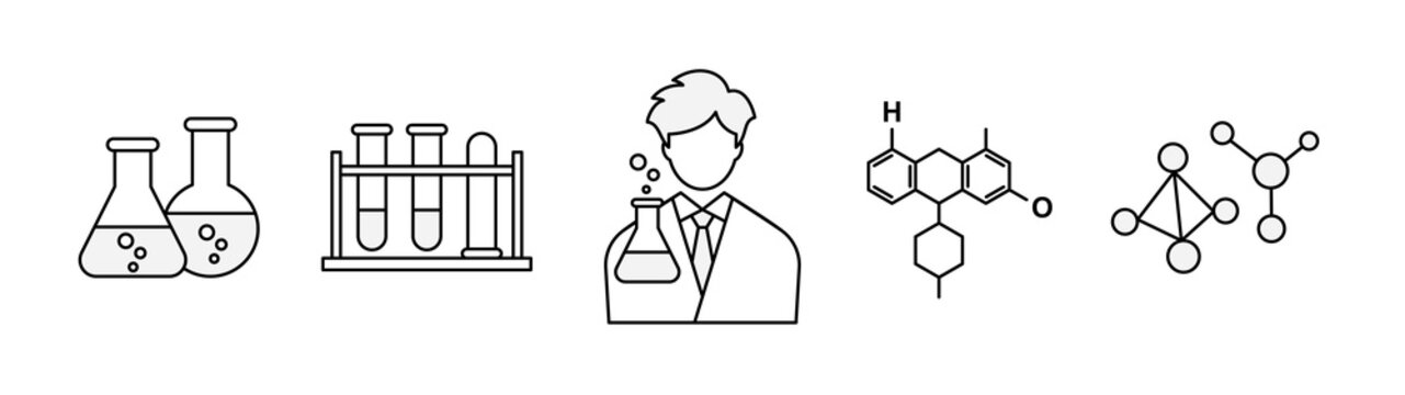 Chemistry and Science Outline Icon Set. Flask, test tubes, chemist, schematic diagram, and chemical symbol. Black, white, and gray tones.