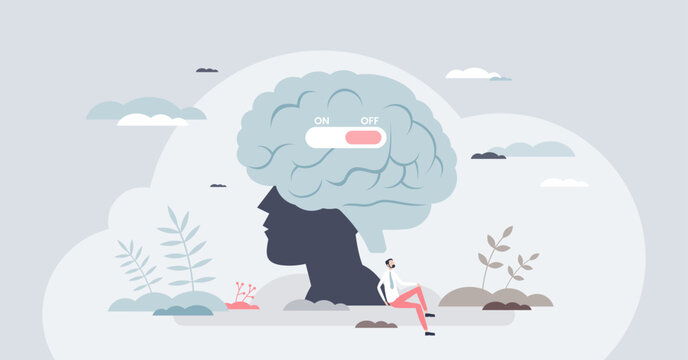Cognitive defusion concept, a brain with an on-off switch and a calm seated person, symbolizing distance from thoughts, main objects, brain, switch, person. Tiny style