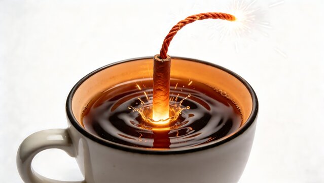 Creative concept of a lit dynamite stick splashing in a cup of hot black coffee