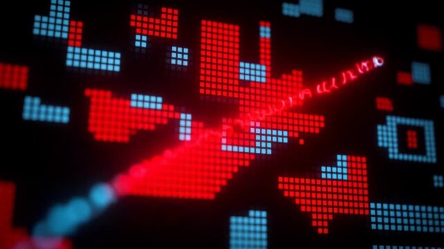 Abstract digital pixel art with glowing red and blue squares and dynamic light trail effect