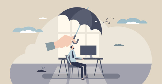 Workplace psychological safety depicted by a protective umbrella covering an employee at a desk and monitor, conveying trust and support in the office. Tiny style