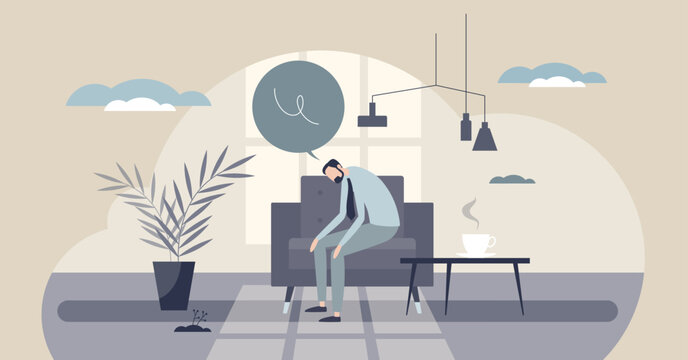 Languishing mood, tiny energy as a slumped man on a sofa stares past a coffee cup, symbolizing stagnation and emotional numbness. Tiny style