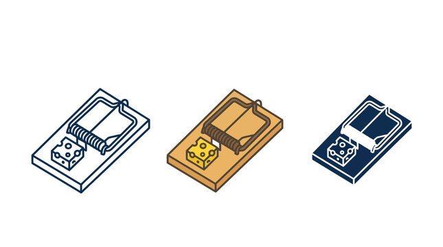 Mousetrap set with cheese piece featuring isometric vector design styles for various professional digital graphics and creative branding project applications