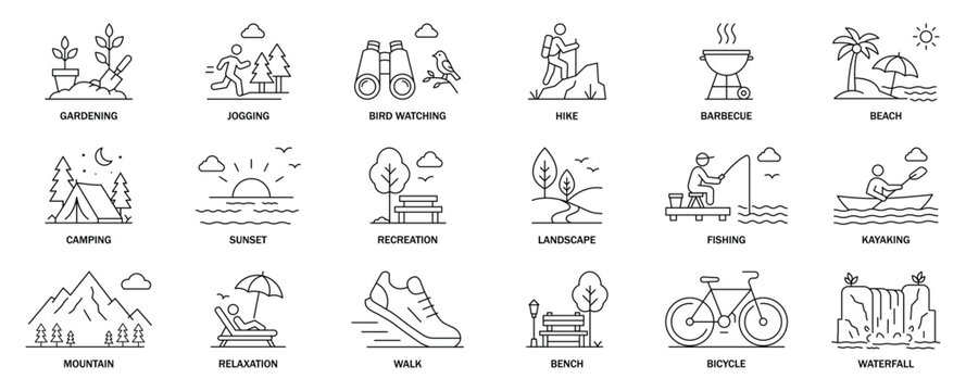 Adventure line icon set featuring camping, hiking, beach, kayaking, fishing, barbecue, mountain, waterfall, cycling, and recreation. Perfect for travel, tourism, park, nature, and UI design.