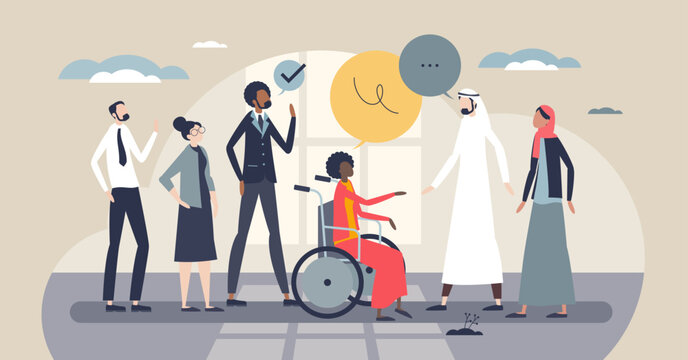 Cross-cultural communication shown as inclusive dialogue, diverse team with speech bubbles and a wheelchair engage respectfully, highlighting collaboration and understanding. Tiny style