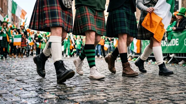 Friends wearing colorful Irish national costumes and plaid skirts during a city street Saint Patrick's Day parade.