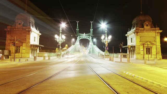 4K Liberty Bridge at Night Budapest Hungary Timelapse