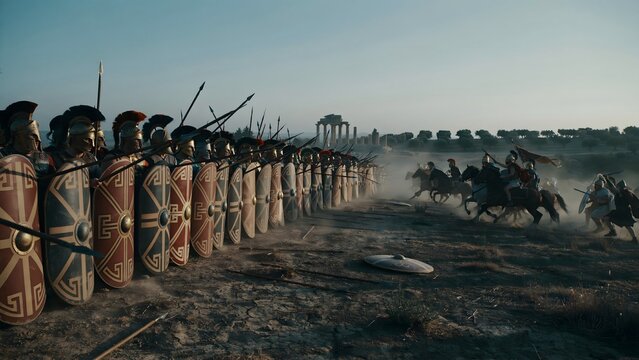 Ancient warriors preparing for battle with shields and spears on historic battlefield