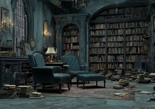 Atmospheric Library Interior with Armchairs and Book Piles.