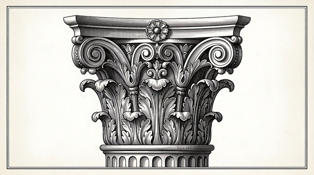 Detailed black and white of a corinthian column capital with acanthus leaves architecture classical