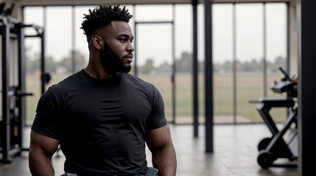 Strong African American man in black sportswear training in modern gym with panoramic windows, focused expression and athletic physique