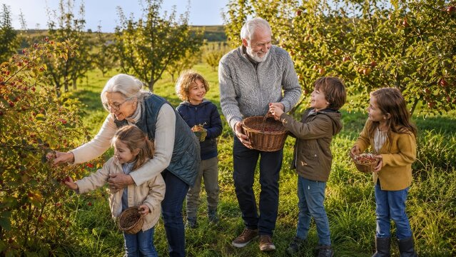 Happy Grandparents Picking Cherries With Four Grandchildren in the Countryside