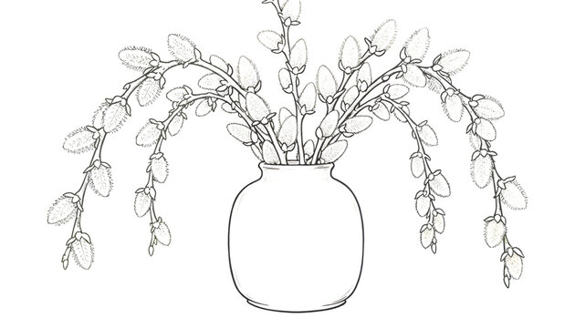 Willow branches in vase &mdash; coloring page for Palm Sunday with delicate leaves and minimalist background