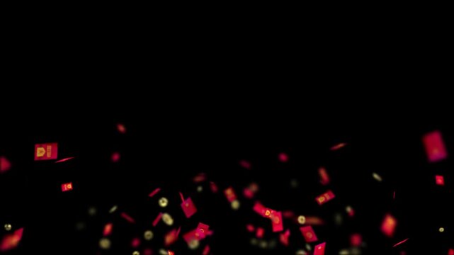 Red envelopes and gold coins fall against a dark background to celebrate a festive lunar holiday.