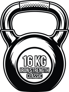 Black and white vector illustration of a 16kg iron kettlebell for fitness and gym training