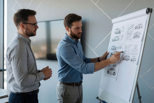 Two male colleagues discuss car design sketches on flip chart in modern office. Pro automotive designers brainstorm new vehicle concepts using whiteboard. Men collaborate on engineering project