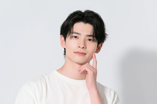 美容, 男性, メンズ美容, スキンケア, 化粧品, メンズコスメ, 若い男性, 美肌, アジア人, 日本人, フェイシャル, メンズメイク, 美容液, 保湿, クリーム, エイジングケア, 美容医療, メンズエステ, 美容クリニック, 肌ケア, ナチュラルメイク, 透明感, ツヤ肌, 清潔感, モデル, ポートレート, クローズアップ, ハンサム, 中性的, 韓国風, ヘアスタイル, メンズヘア
