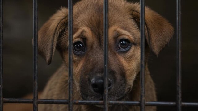 Sad puppy behind metal cage looking through bars with soulful eyes in animal shelter