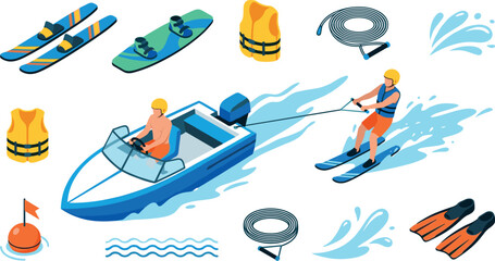 Isometric Water Skiing and Wakeboarding Vector Set Featuring Speedboat Driver Water Skier Life Vest Tow Rope and Flippers Equipment Elements © Pocuram