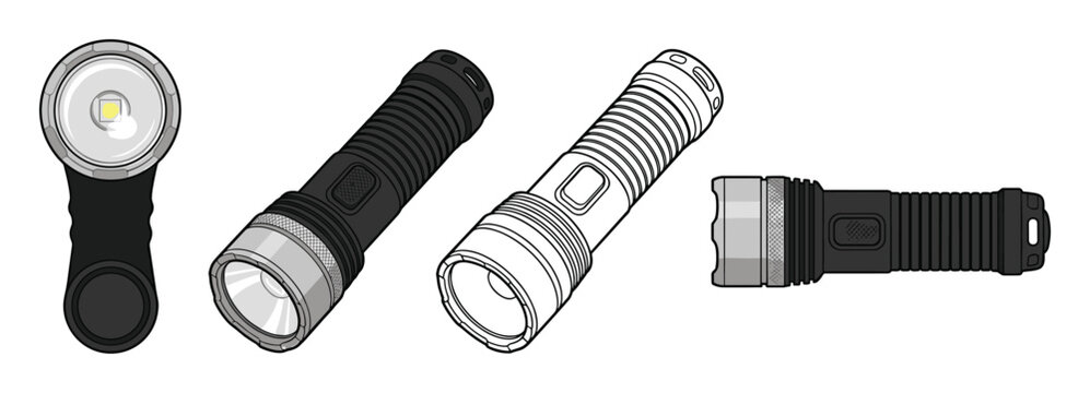 Set of four modern LED flashlight illustrations from various angles