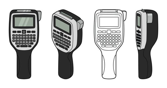 Portable handheld label maker printer device vector set in multiple angles