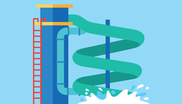 Exciting water slide in a water park with splashing water in a flat vector illustration for summer recreation and leisure concepts.