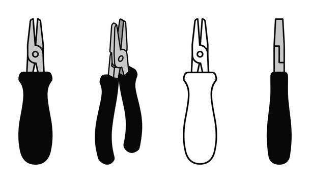 Set of hand tool pliers icons featuring silhouette and line art variations.