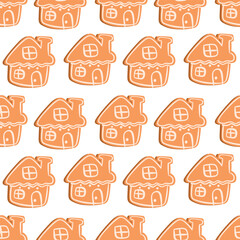 Naklejka premium Gingerbread house cookies seamless pattern vector illustration featuring cozy cottage biscuits with chimney and white icing window details. for gift wrapping paper, bakery packaging, winter fabric