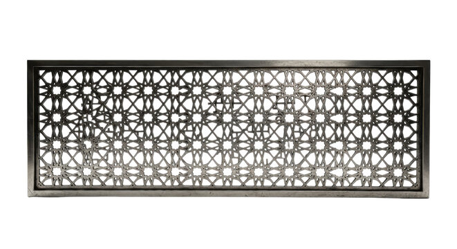 Intricate metal lattice panel with geometric arabesque design isolated on transparent background