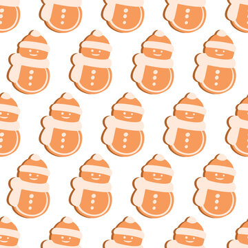 Snowman gingerbread cookies seamless pattern vector illustration with cute beanie hat, scarf, and white icing details. for wrapping paper, bakery packaging, festive holiday fabric print, wallpaper