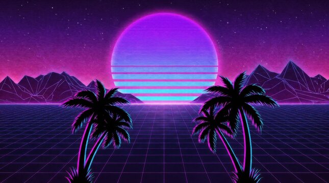 Retro wave landscape with palm trees a vibrant vector illustration in shades of purple and cyan synthwave vaporwave eighties 1980s neon geometric grid tropical sunset