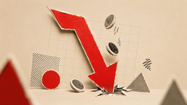 Falling red financial arrow and collapsing chart showing stock market decline, investment loss and economic downturn