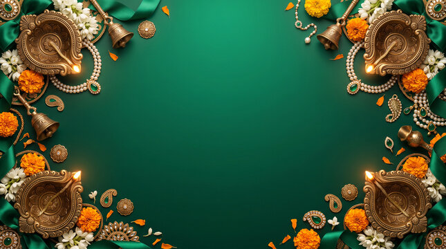Diwali, Dussehra, Ganesh Chaturthi elegant green invitation banner flyer background with brass diyas, marigold flowers, jasmine flowers, mango leaves, festive decor and copy space illustration