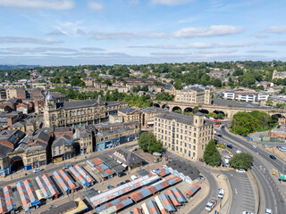 Dewsbury town centre aerial view showing the historic urban centre, commercial buildings and surrounding streets in West Yorkshire, England. © Chris Chambers